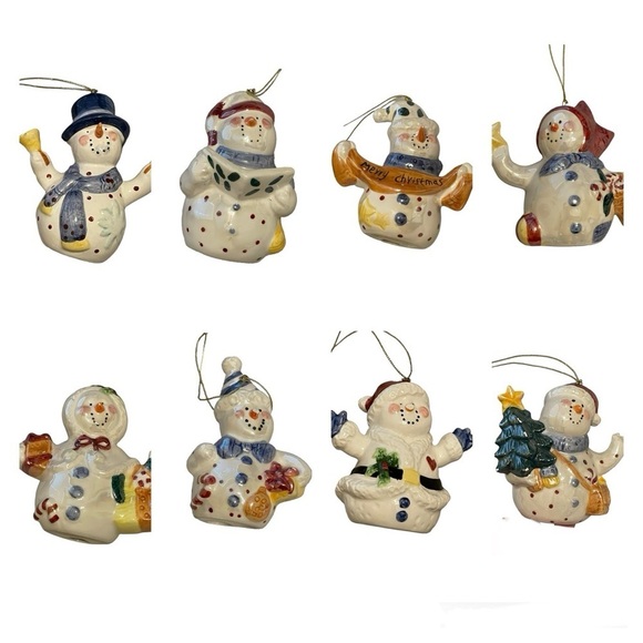 Set of 8 Vintage Pearlescent Ceramic Snowmen or Snow People Ornaments - Picture 1 of 16
